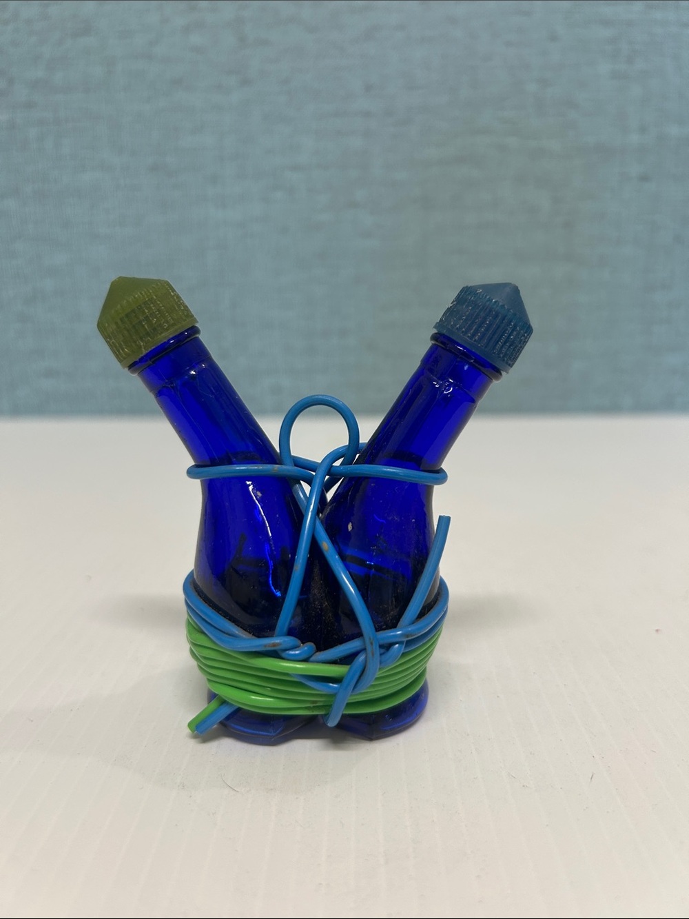 Vintage Cobalt Blue Glass Mini Chianti Bottle Salt & Pepper Shaker Set